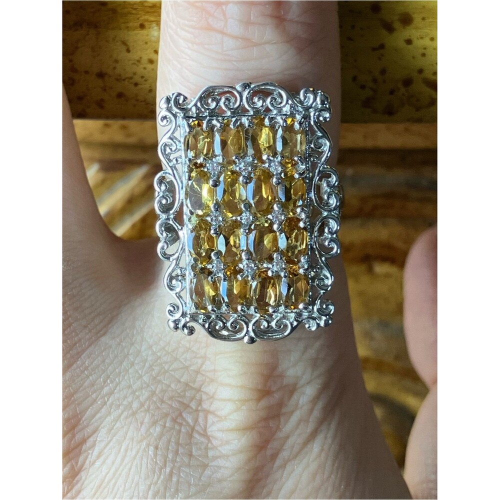 Natural Yellow Tourmaline Sterling Silver Cocktail Ring Size 9